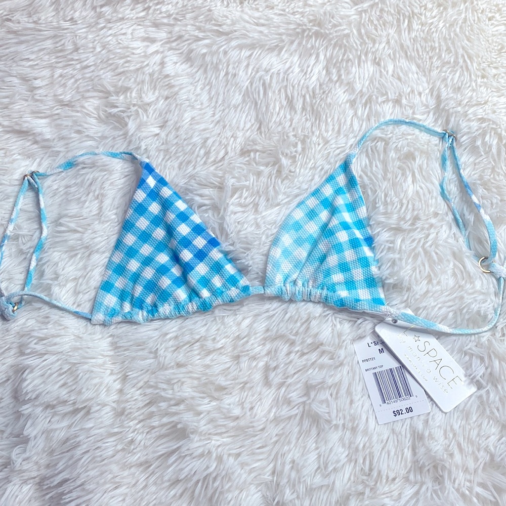 L Space by Monica Wise Blue White Checkered Bikini Swim Top Size Medium